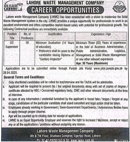 Lahore Waste Management Company Jobs 2025 – Apply Online & Advertisement