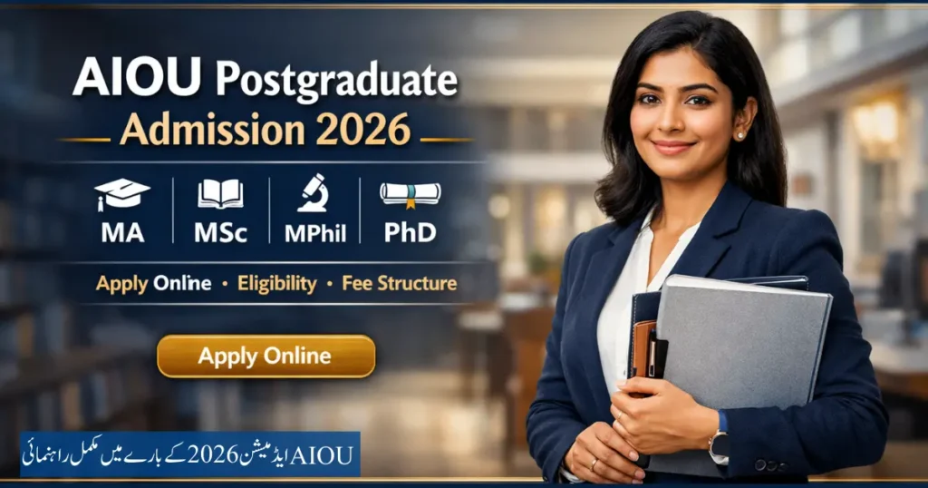 Students reading AIOU postgraduate prospectus for Spring 2026 admissions